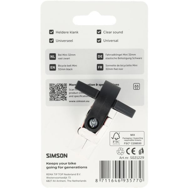Simson - fietsbel mini 32mm vaste kunststof bevestiging zwart