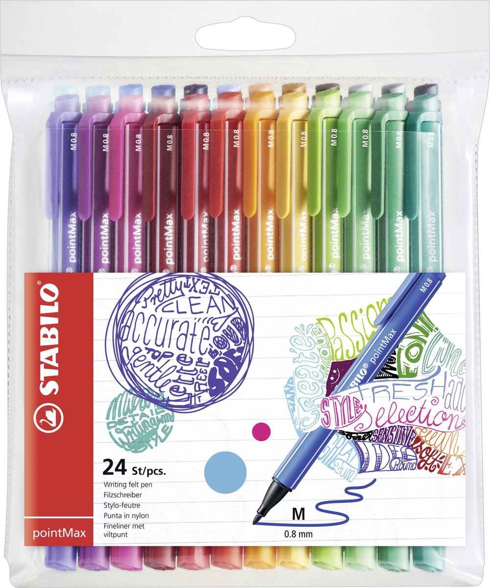 Stabilo pointmax - hardtip fineliner 0,8 mm - nylon punt - etui met 24 kleuren