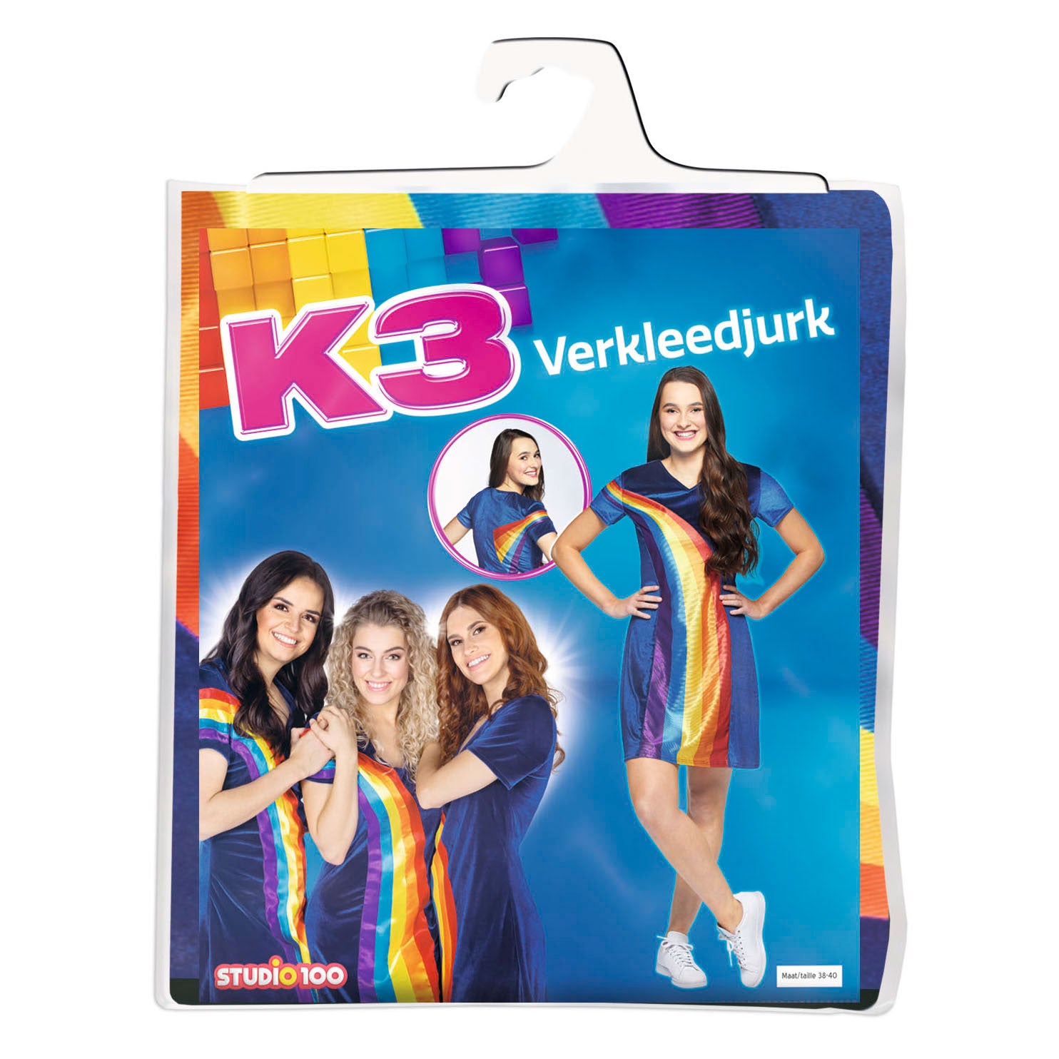 K3 - K3 verkleedkleding - jurkje volwassenen regenboog blauw - maat 38/40