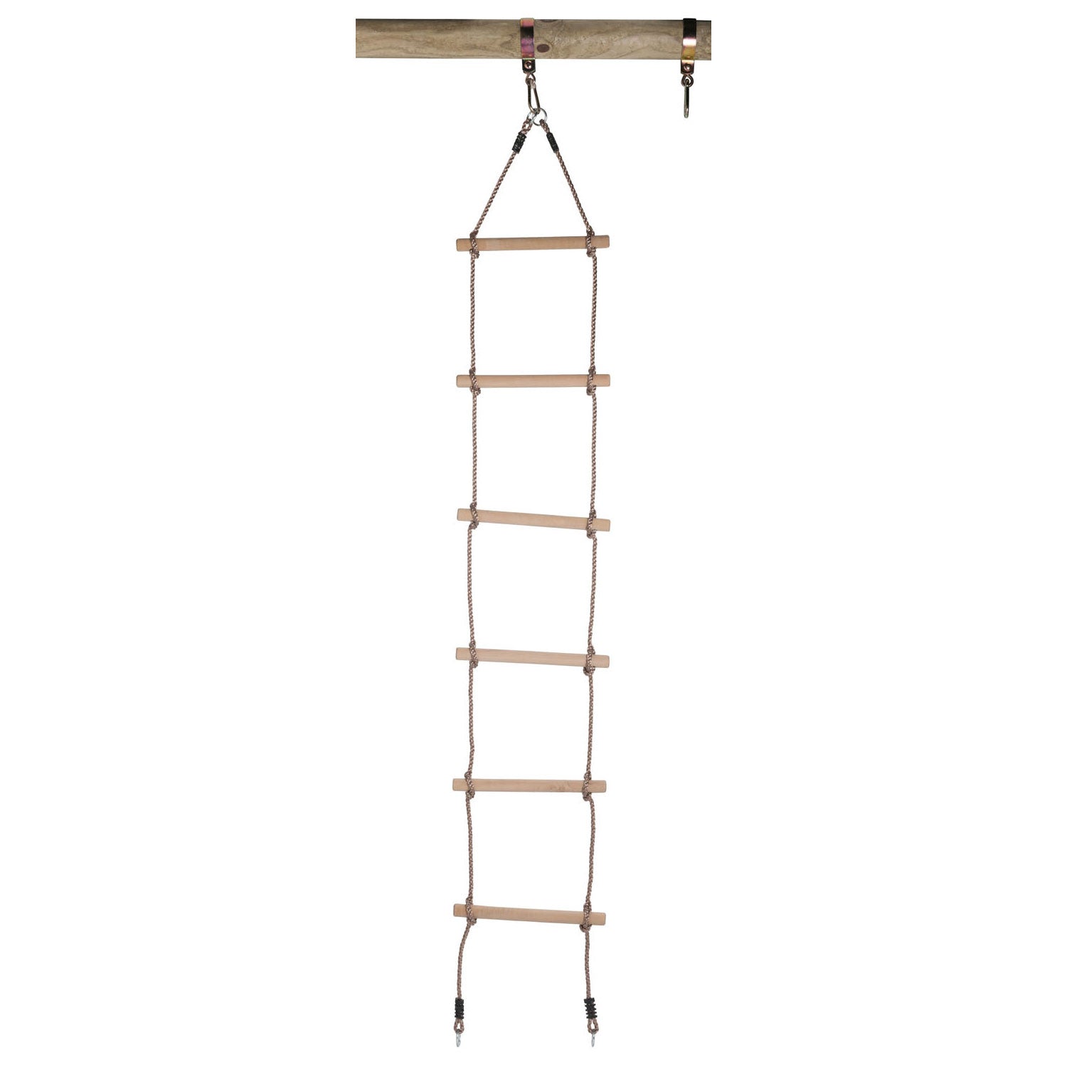 Swingking touwladder met oogringen en 6 houten treden