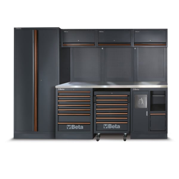 Beta werkplaatsinrichting tools c45pro 2.0 x (rvs gecoat mdf werkblad) inclusief gratis 268-delige gereedschapsset