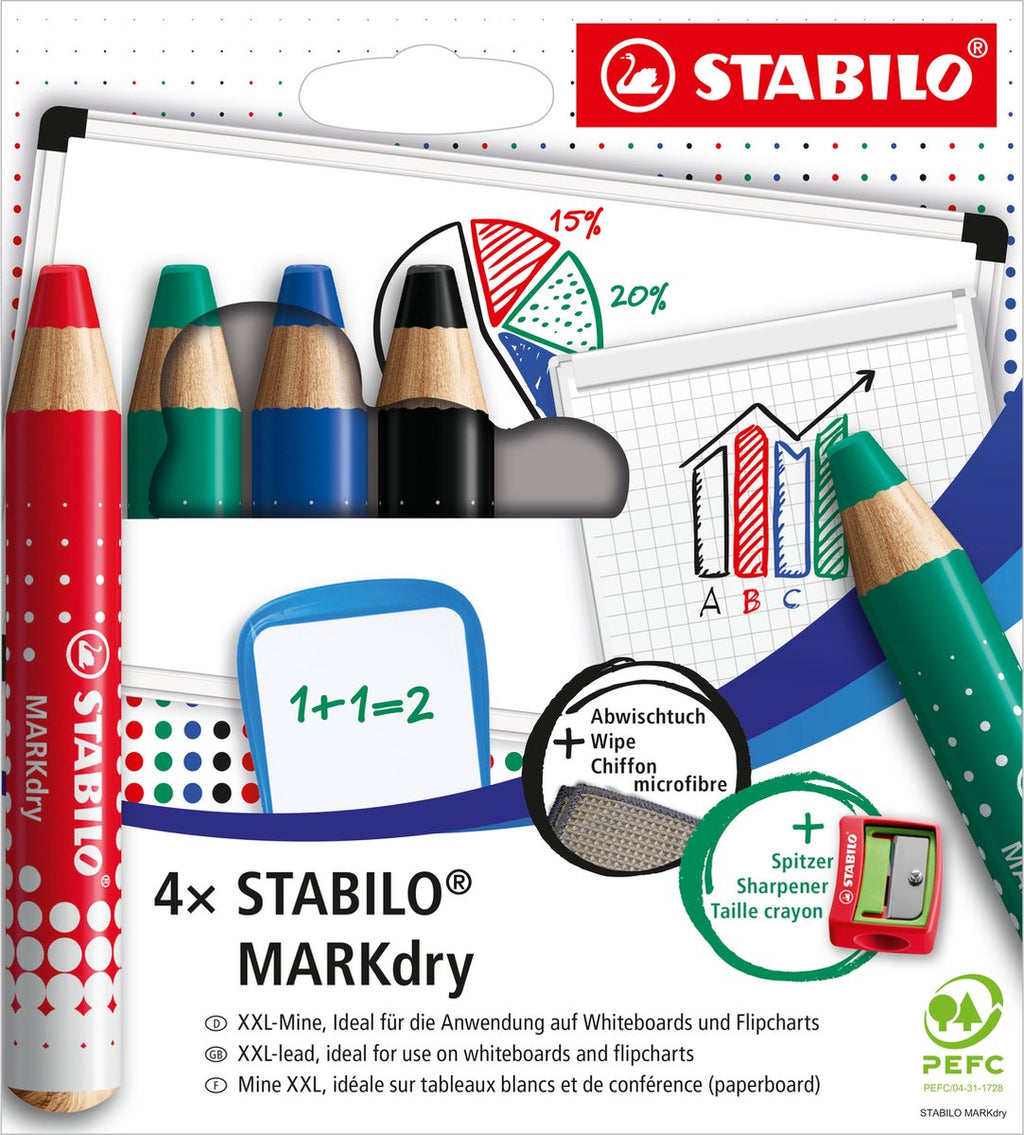 STABILO - STABILO markdry set van 4 whiteboard potloden puntenslijper en reinigingsdoekje