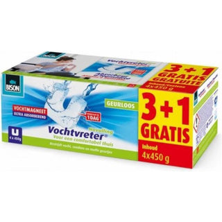 Bison vochtvreter® magneet 450g 3+1 gratis - parfumvrije navulling voor vochtvreter® apparaat, 4x 450 g, bestrijd hoge luchtvochtigheid in woonruimtes, ook geschikt voor caravans en campers