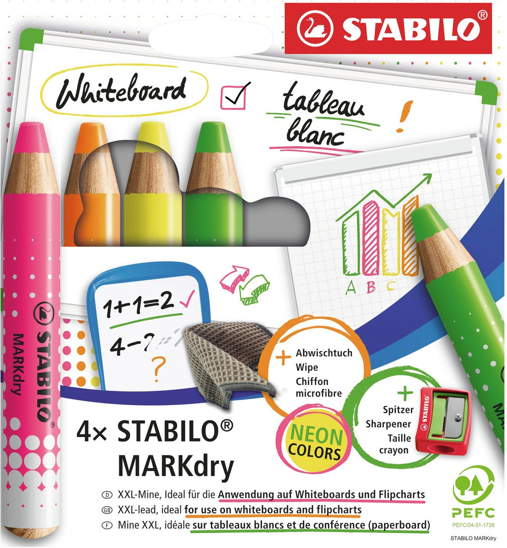 STABILO - STABILO markdry neon set van 4 whiteboard potloden puntenslijper en reinigingsdoekje