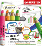 STABILO - STABILO markdry neon set van 4 whiteboard potloden puntenslijper en reinigingsdoekje