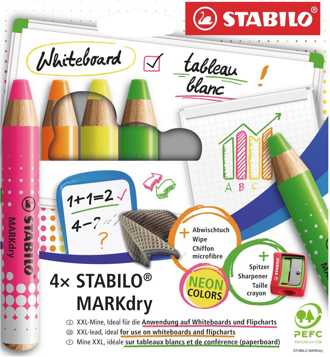 STABILO - STABILO markdry neon set van 4 whiteboard potloden puntenslijper en reinigingsdoekje