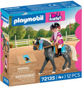 Playmobil paarden speelgoed springwedstrijd set met ruiter en hindernis.
