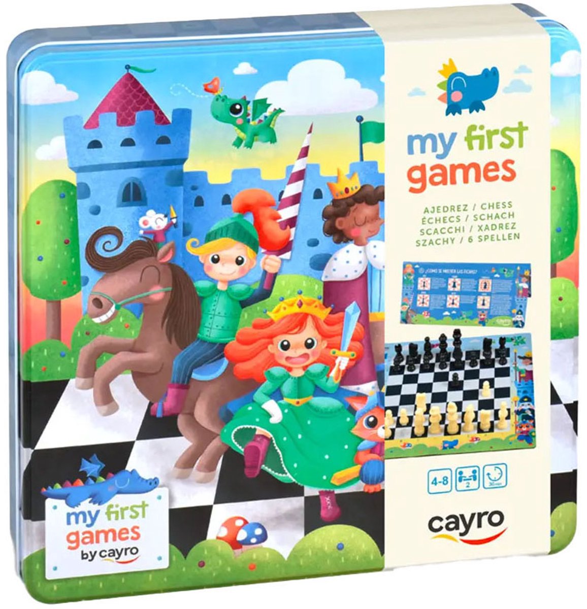 Geronimo games cayro my first chess - kinderschaakset in metalen doos - neopreen schaakbord 32x32 cm - 2 spelers - speelduur 20-30 minuten - leeftijd 6-12 jaar - educatief strategisch bordspel voor kinderen