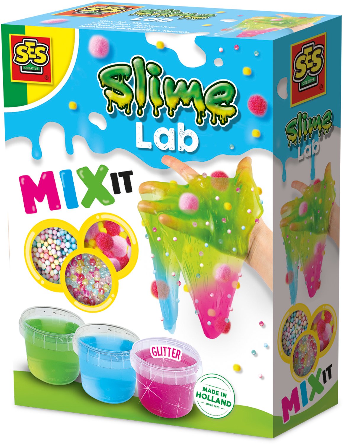 Ses creative slime lab slijm mix it met kralen en pompons - 3 x 120 g - vanaf 3 jaar - schoencadeautjes sinterklaas