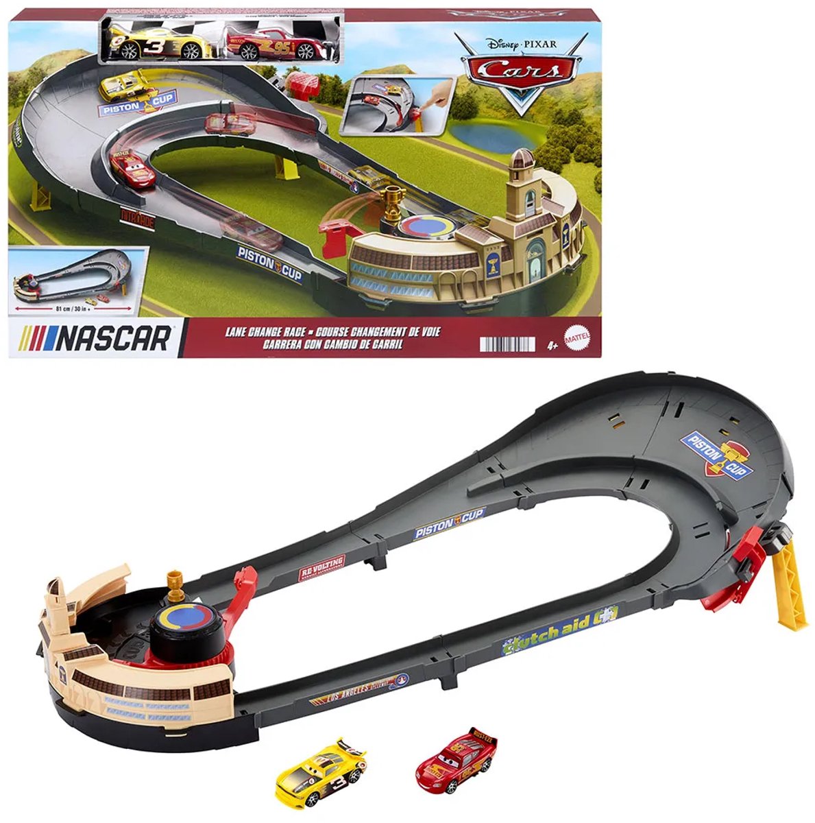Mattel - en pixar cars nascar baanwisselrace speelset met 2 speelgoedauto's - inclusief bliksem mcqueen