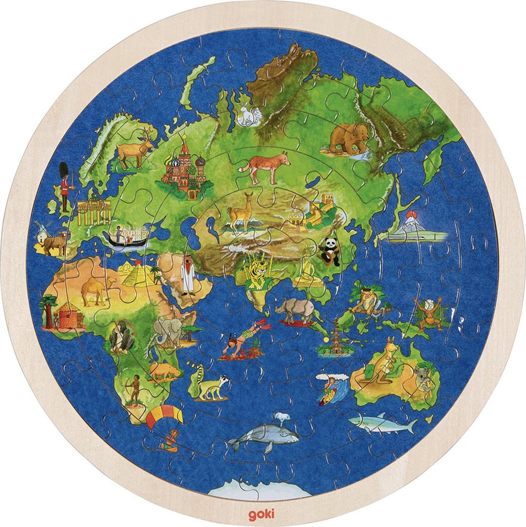 Goki dubbelzijdige houten puzzel - wereldbol, 57st.