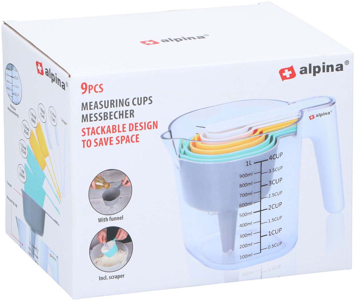 Alpina maatbeker set 9 stuks - meetset met maatbeker 1 liter - stapelbare maatbekers - inclusief trechter en schraper en maatlepels