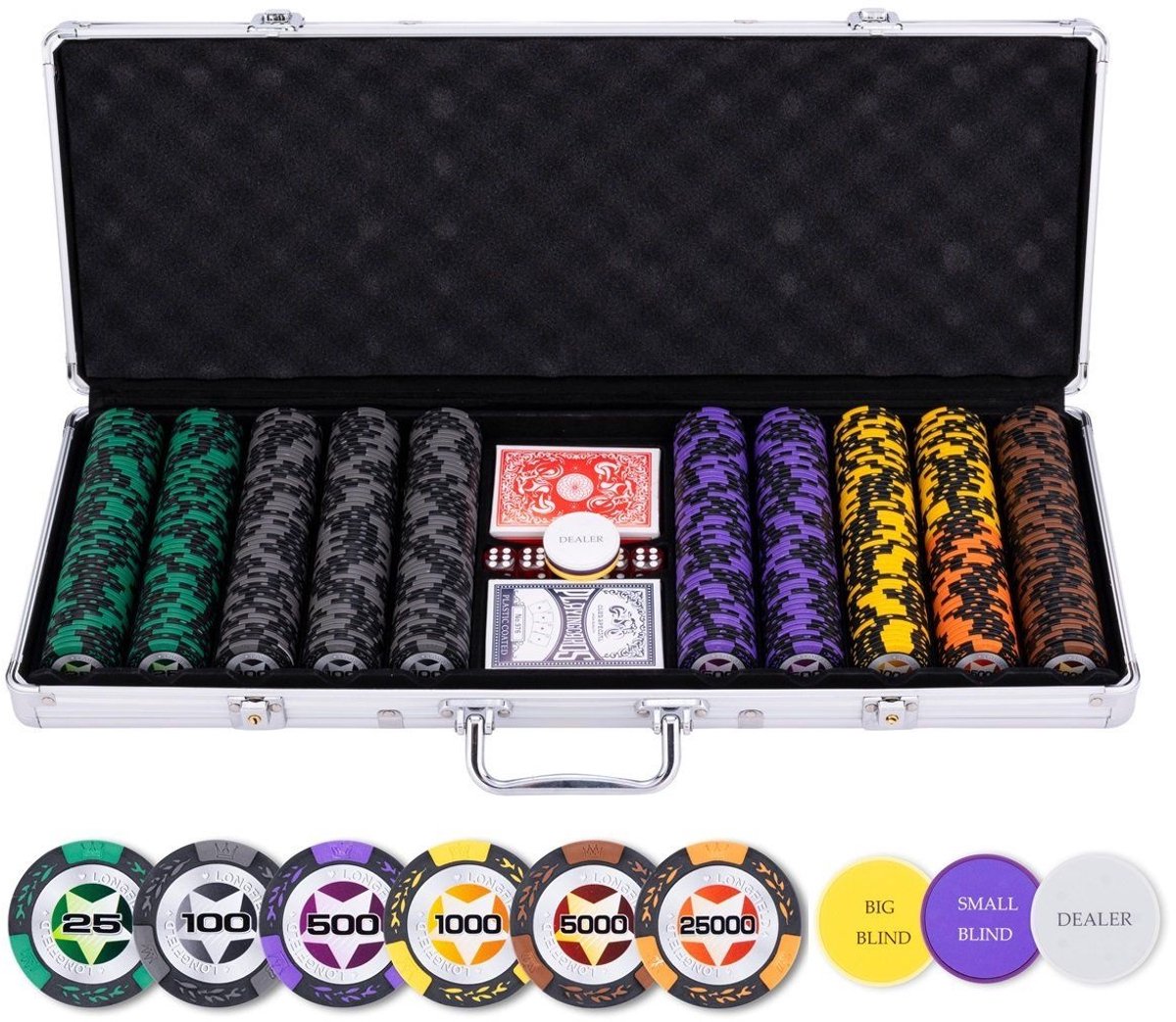 Longfield - Longfield Pokerset in zilveren koffer - high stake 500 chips 14gr.