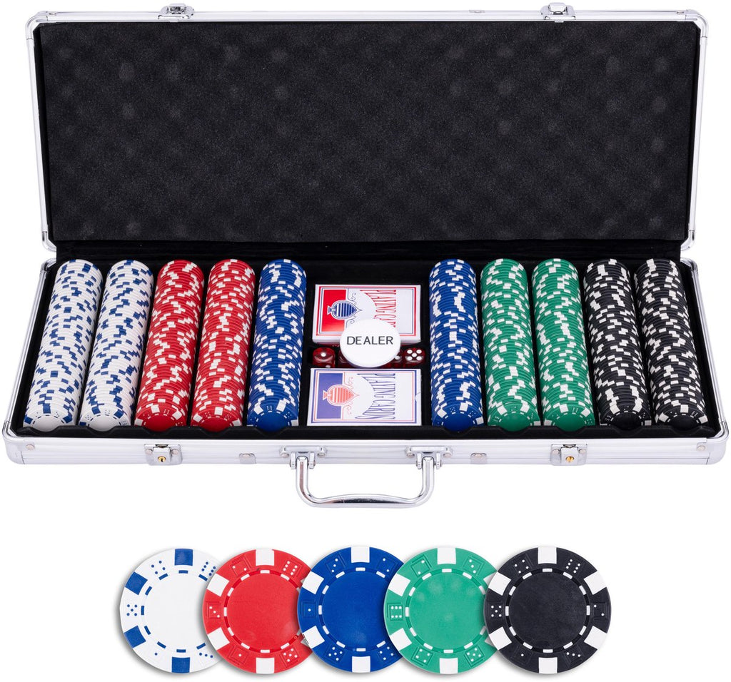 Longfield - Longfield Pokerset in zilveren koffer met 500 chips (115 g) – compleet met kaarten dealer button & dobbelstenen – engelhart