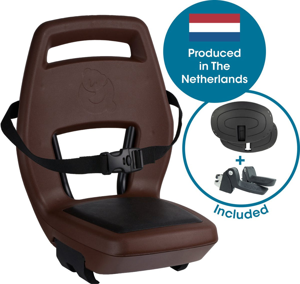 Qibbel - junior 6+ fietsstoeltje achter bagagedrager bevestiging - bruin - inclusief voetbeschermingsplaten en voetsteunen