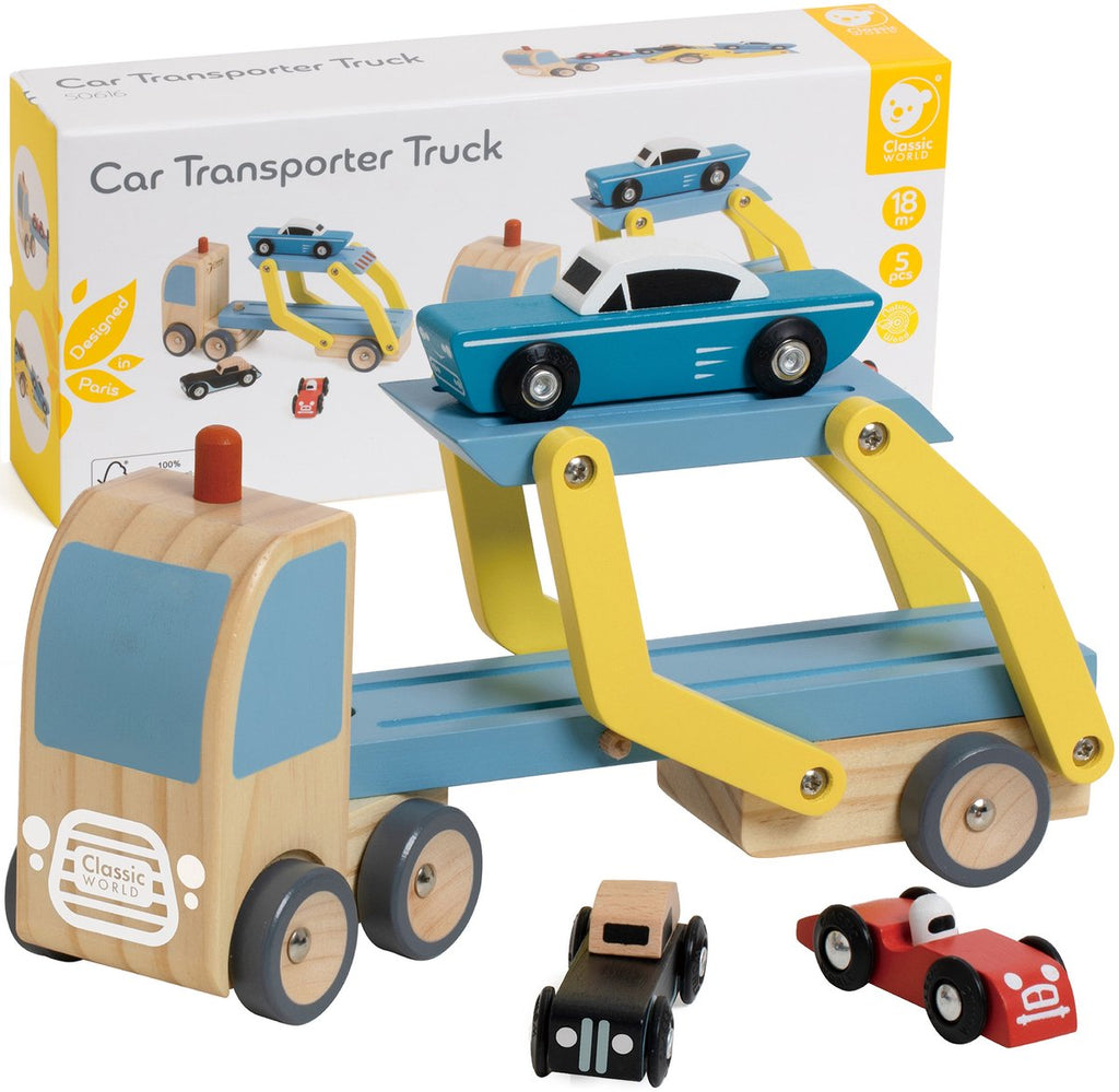 Lobbes Speelgoed- Lobbes Speelgoed world houten transporter met 3 auto's