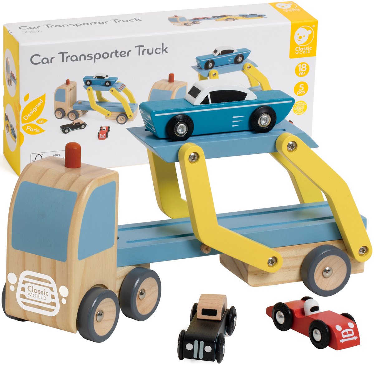 Lobbes Speelgoed- Lobbes Speelgoed world houten transporter met 3 auto's