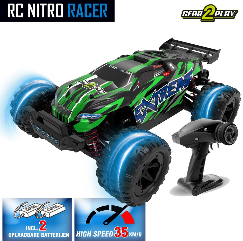 Gear2Play - Gear2 rc nitro racer terreinwagen 1:18 - incl. 2 oplaadbare batterijen - high speed 35 km/u - all weather terreinbanden