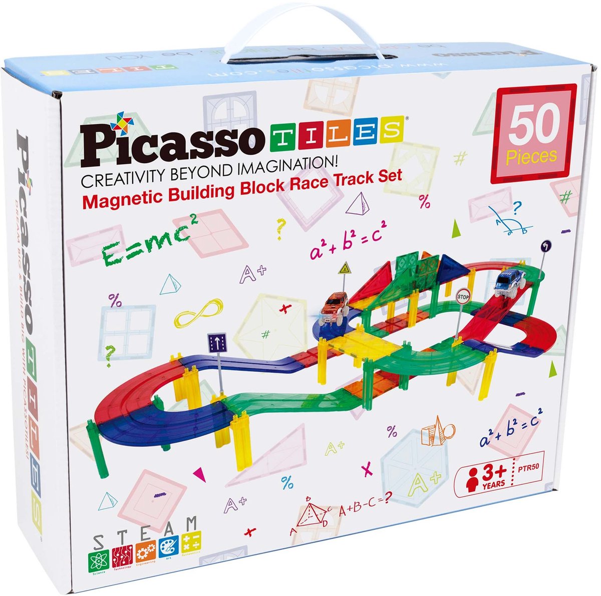 Picasso Tiles - Picasso Tiles Tactic - constructiespeelgoed - magnetic tiles - magnetische tegels - race track - stem speelgoed - magnetische racebaan met 2 led auto's - 50-delig - vanaf 3 jaar