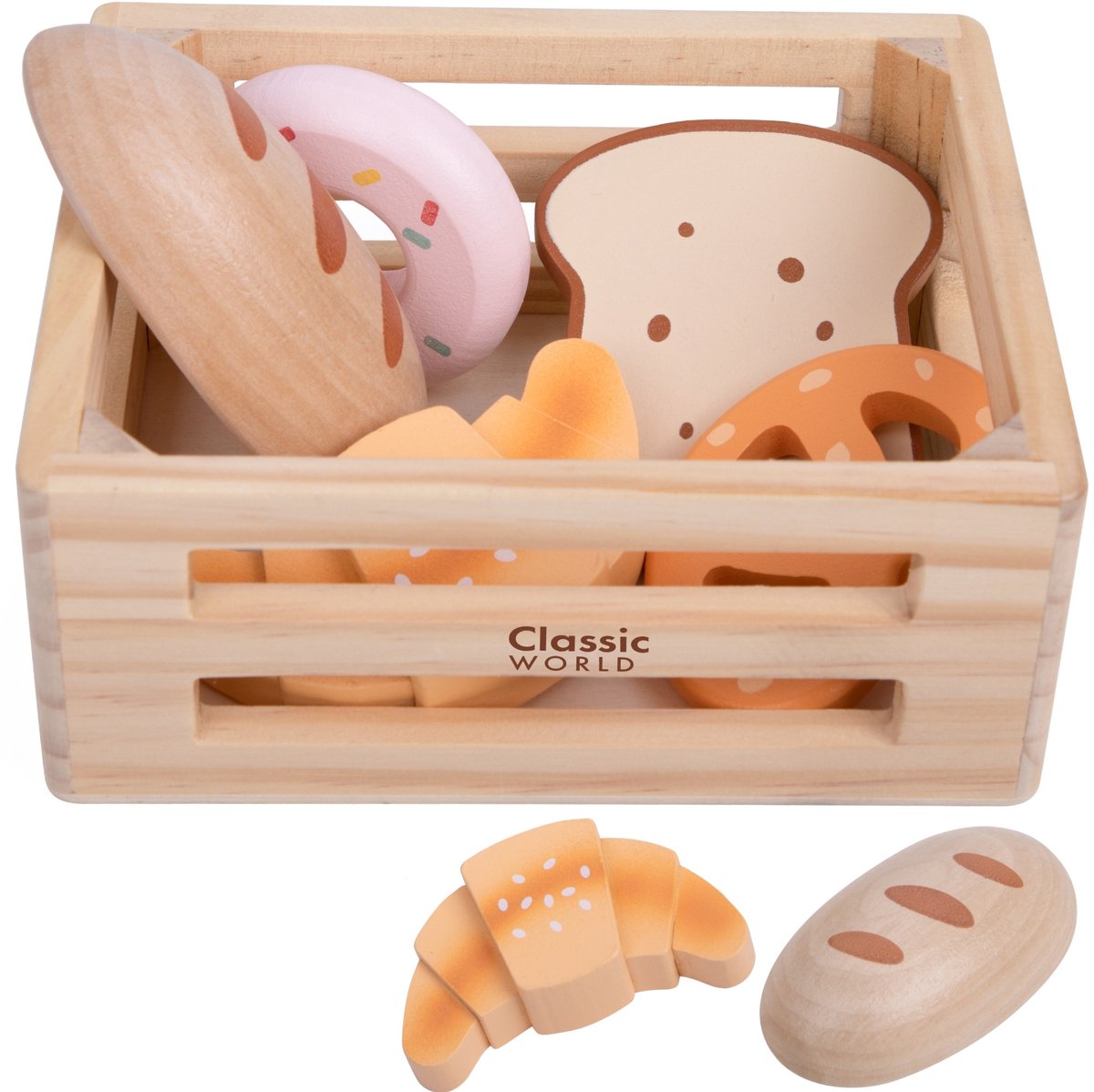 Classic World - houten speelgoed krat met brood en lekkernijen.