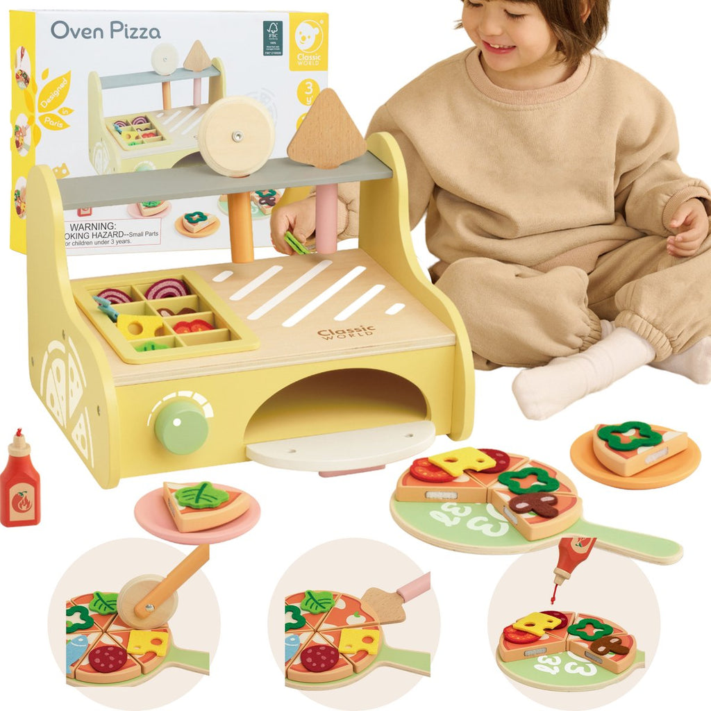 Classic World - houten speelgoed pizzaoven speelset met accessoires.