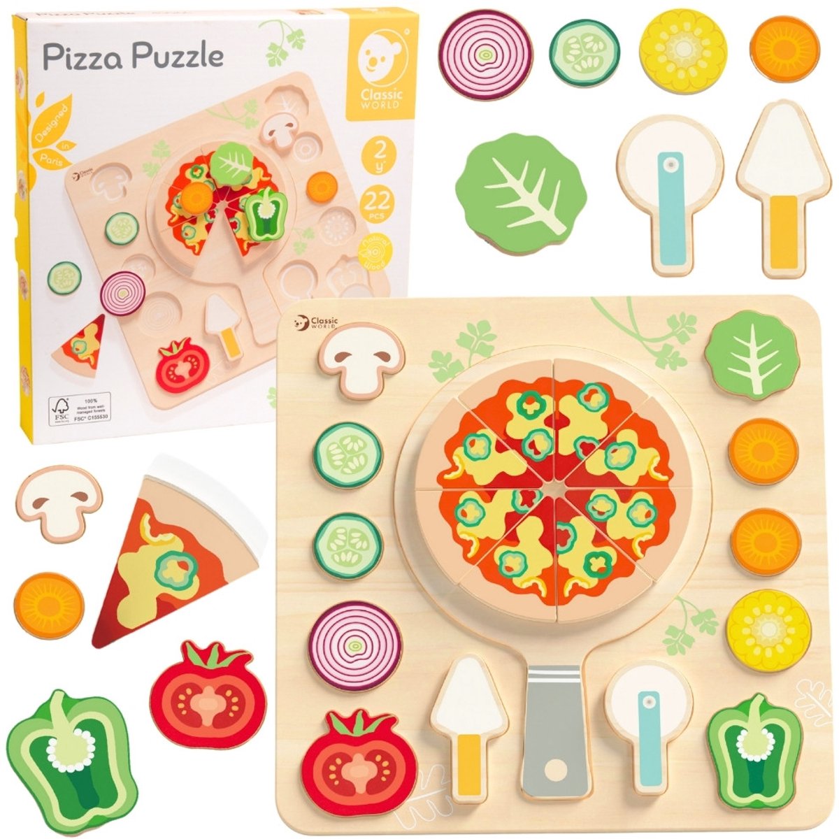 Classic World - houten speelgoed vormenpuzzel pizza 22 stuks educatief.