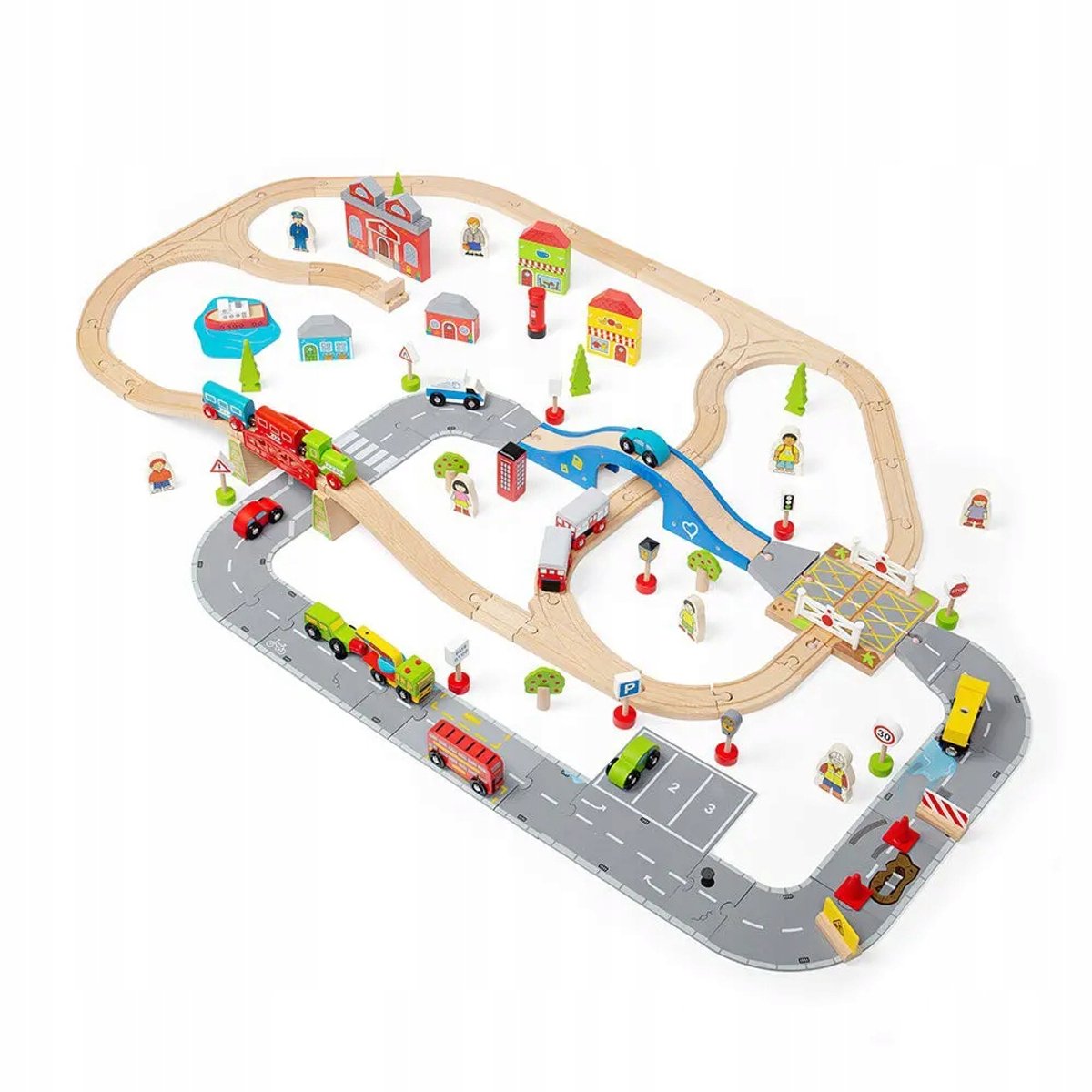 Bigjigs houten treinbaan en autoweg set, 105-delig