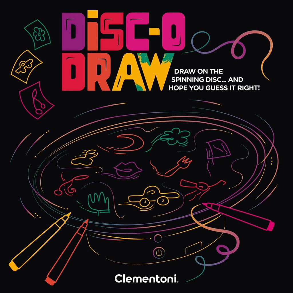 Clementoni disc-o draw - tekenspel en gezelschapsspel met draaiend bord - tekenen en raden spelletje - party spel voor kinderen, vrienden en familie