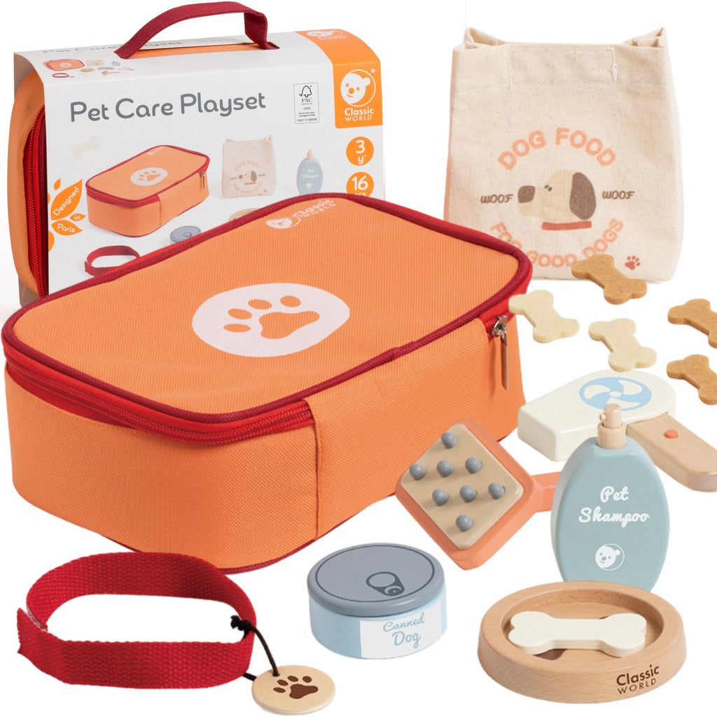 Classic World - houten dieren verzorgen speelset - rollenspel speelgoed tas
