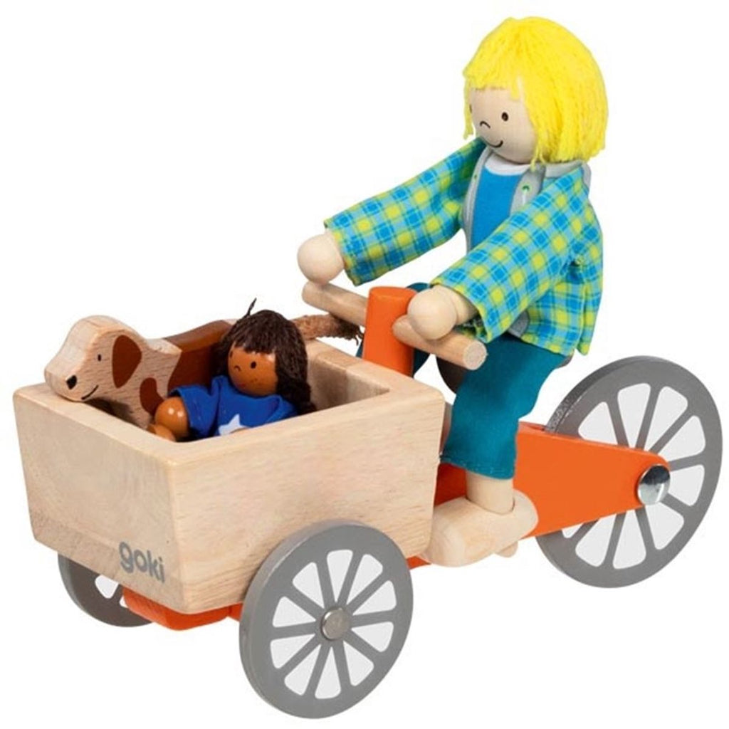 Goki poppenhuis houten bakfiets met kind en hond