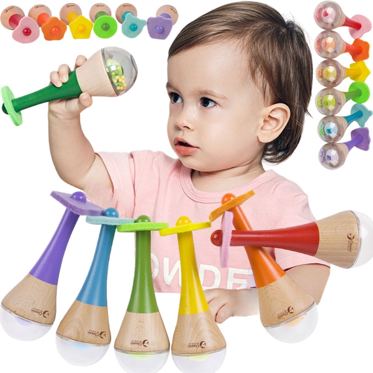 Classic World - rammelaar 2 in 1 houten regenboog maracas instrument 1 st. - uni