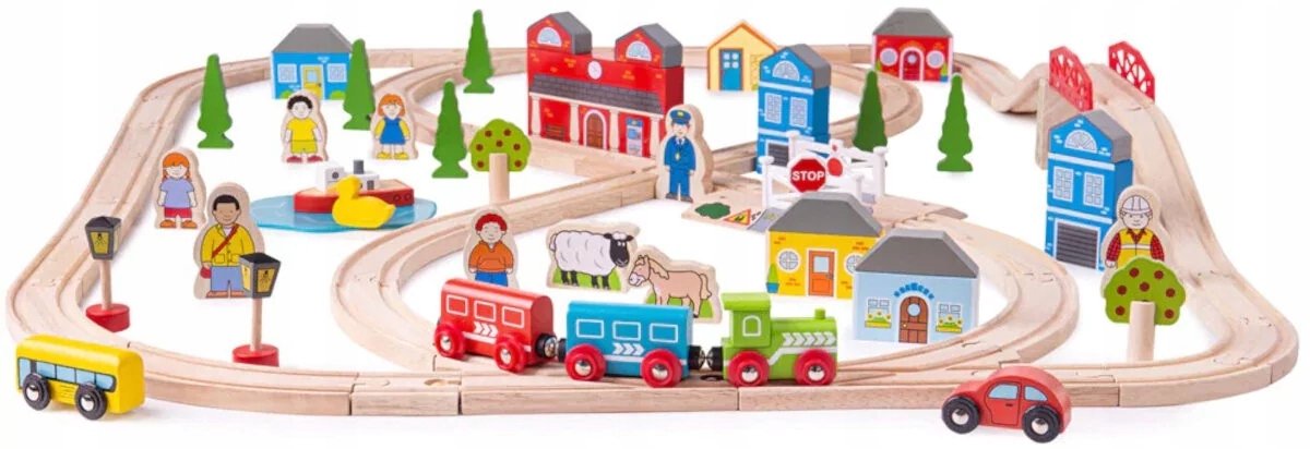Bigjigs houten treinbaan en autobaan set - 91 delen