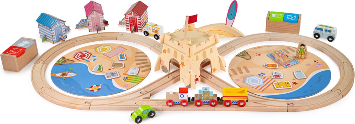 BIGJIGS - BIGJIGS Houten treinbaan set - strand en auto speelgoed