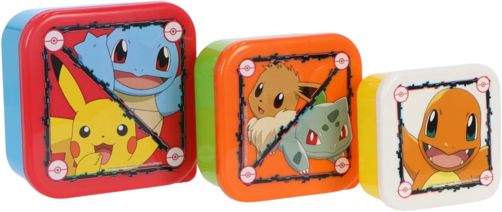 Stor - Stor Pokémon 3-in-1 snackdoosjes - 3 formaten - vierkant - sluit goed af - lunchboxen voor kinderen - los deksel - geschikt voor koekjes fruit en snacks - blauw/geel/groen