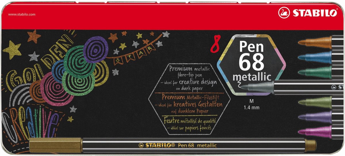 Stabilo pen 68 metallic viltstiften in metalen doos - 8dlg.