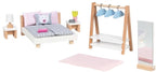Goki poppenhuismeubeltjes: design slaapkamer, 18-delig, bed 12,7cm, beukenhout en stof, 3+