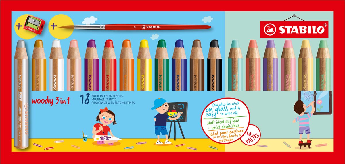 STABILO - STABILO woody 3 in 1 - multitalent kleurpotlood - set 18 st. + puntenslijper