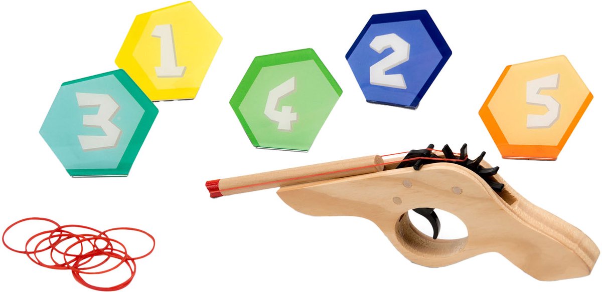 BS Toys - schiet 'm! elastiekpistool - hout - coördinatiespel - vanaf 6 jaar - 5 targets