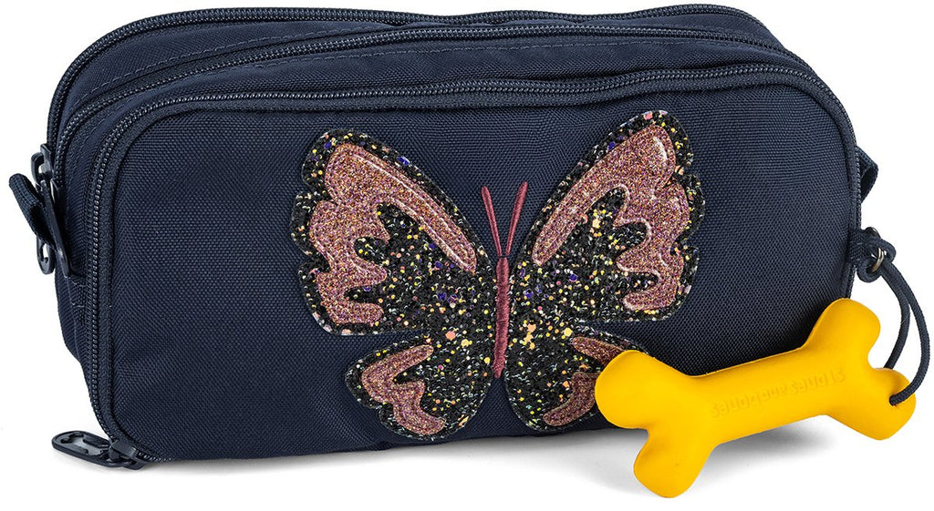 Stones And Bones - Stones And Bones rowan 2.0 - etui - pennenzak voor kinderen - 3 vakken - glitter butterfly - donkerblauw