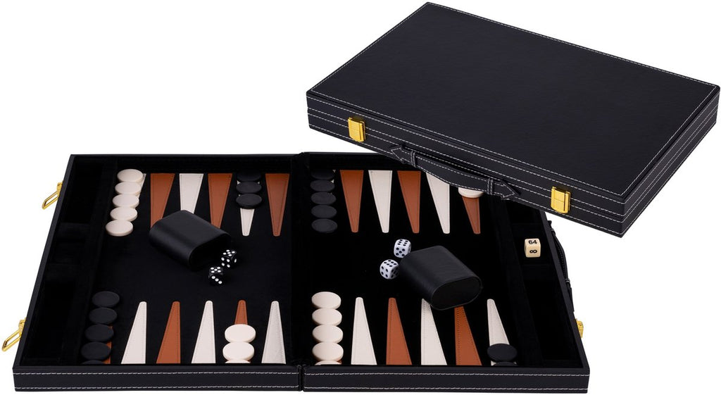 Engelhart - Engelhart Backgammon 18 inch - bruin & ivoor gestikt bord - zwarte koffer met handvat - luxe reiseditie -