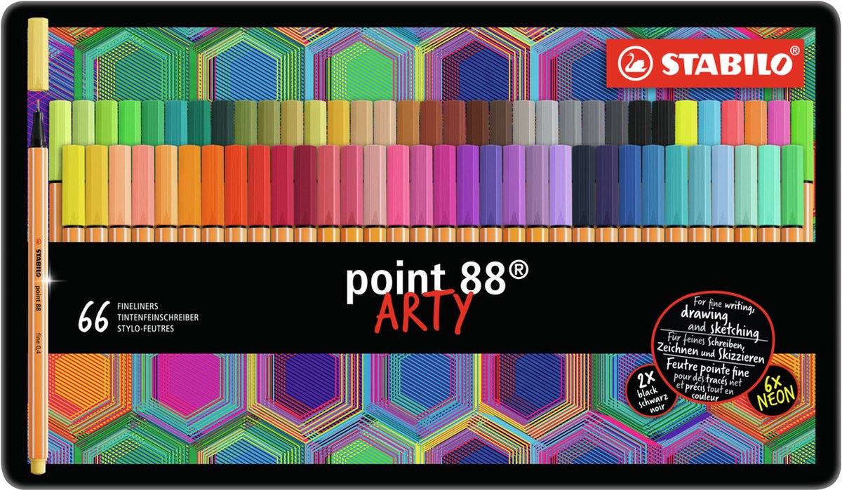 STABILO - STABILO point 88 - premium fineliner - fine 04 mm - metalen etui met 66 stuks - met 65 verschillende kleuren