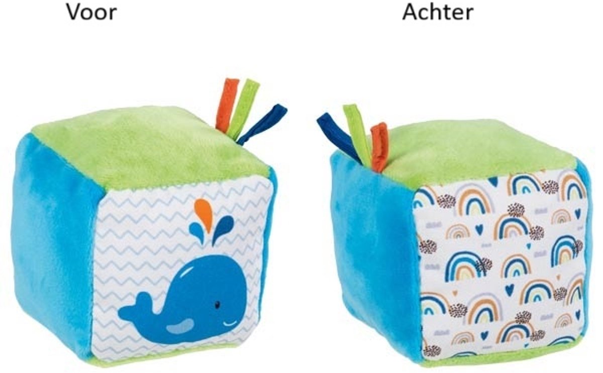 Goki - zachte kubus baby speelgoed met walvis en knisperfolie.