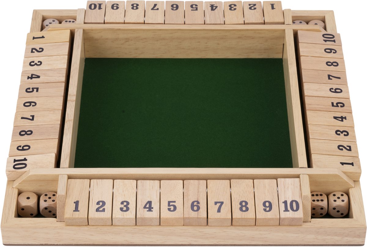 Longfield - Longfield Shut the box – 4 spelers – rubberhouten bak met ingelegd vilt – inclusief 8 houten dobbelstenen – bordspel 29 x 29 x 35 cm – strategisch familiespel – engelhart