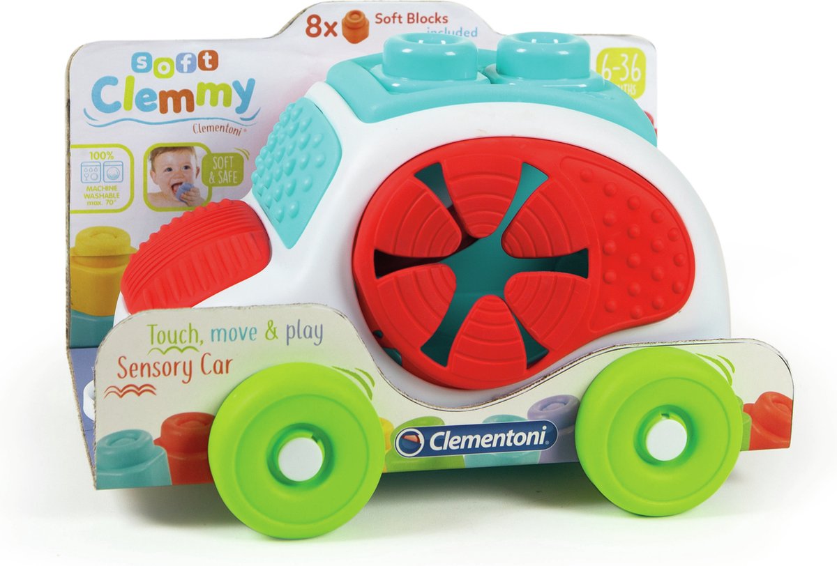 Clementoni - soft clemmy - sensory car - stapelblokken - baby blokken - 8 speelblokken met vormendoos auto - 6-36 maanden