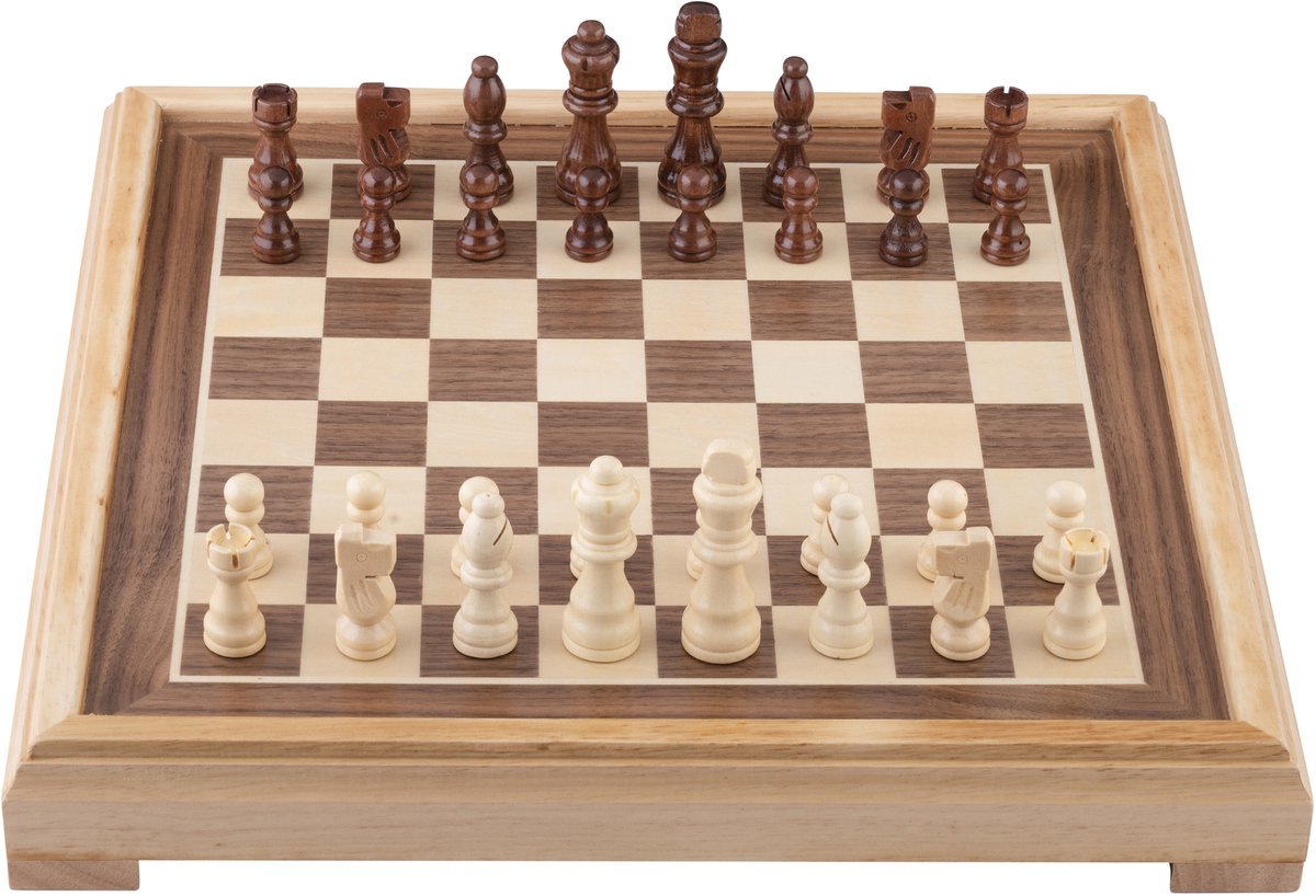 Engelhart schaakset 40x40 cm – luxe houten schaakbord ingelegd esdoorn walnoot fineer – koning 77 mm – met opbergsysteem – inclusief colourbox – houten schaakstukken bord –