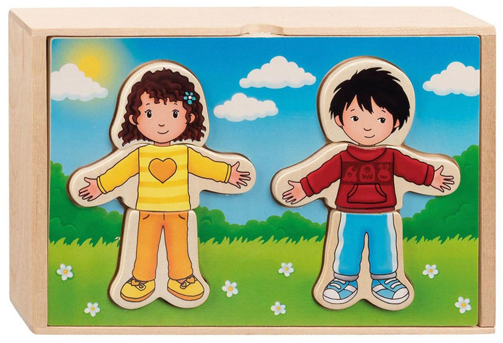 Goki houten aankleedpuzzel jongen en meisje in houten box, 36st.