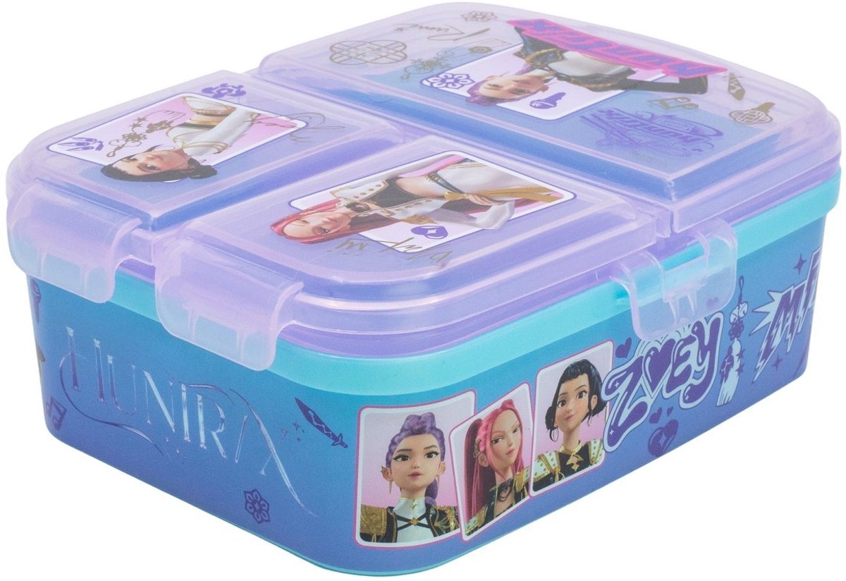 Stor kpop demon hunters kinderlunchbox – broodtrommel met 4 vakken voor kinderen vanaf 4 jaar - vaatwasserbestendig bpa-vrij - blauw paars