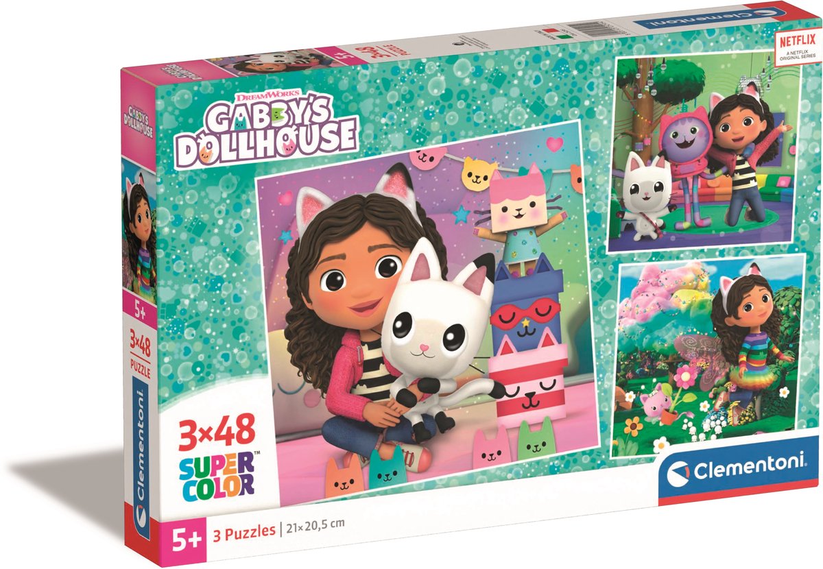Clementoni legpuzzel super color vierkant gabby's poppenhuis, 3x48st.