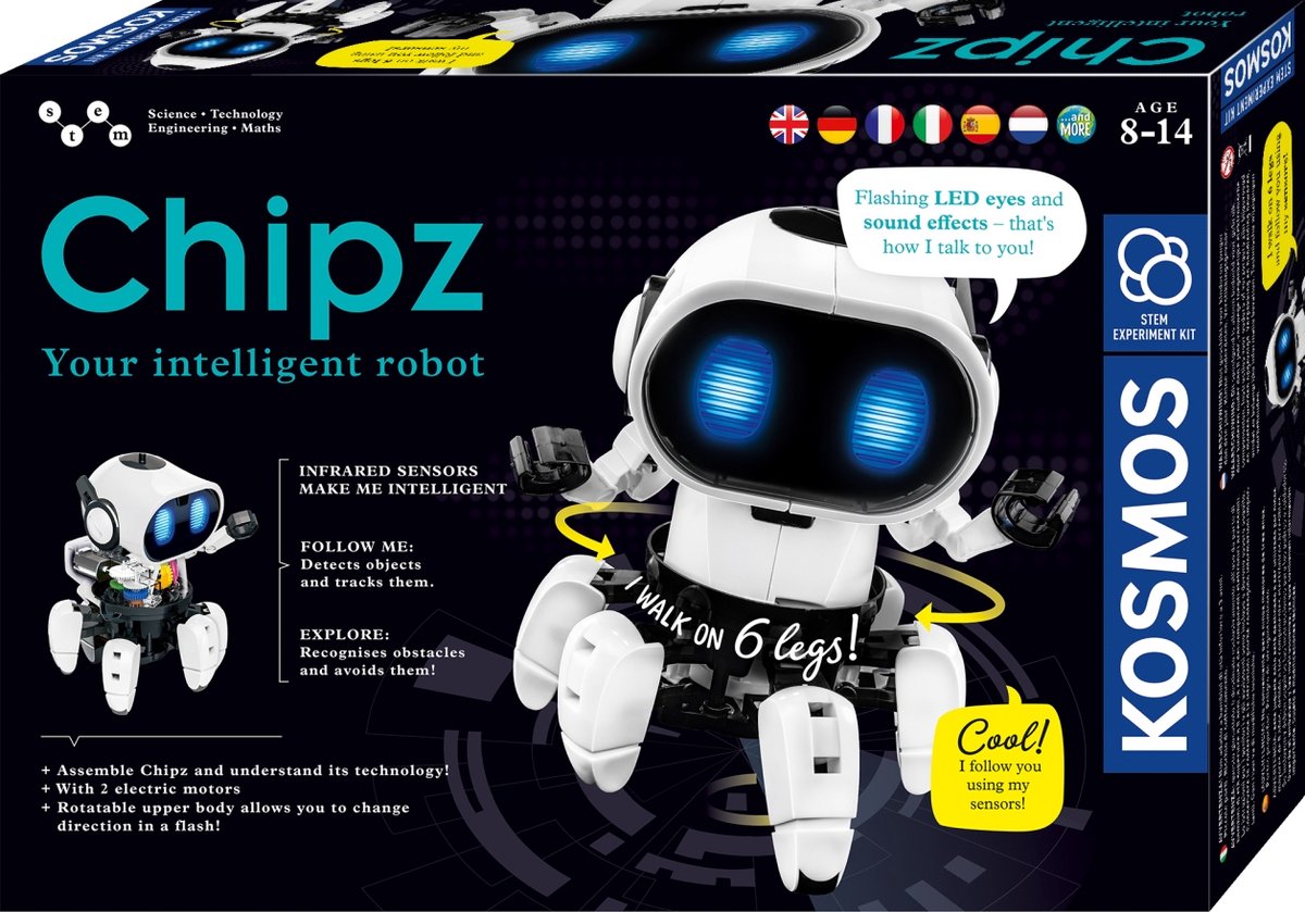 Kosmos chipz intelligente robot - experimenteerset - bouw je eigen slimme robot met sensoren en spelmodi - volgmodus en obstakeldetectie - meer dan 100 onderdelen - stem speelgoed - vanaf 8 jaar