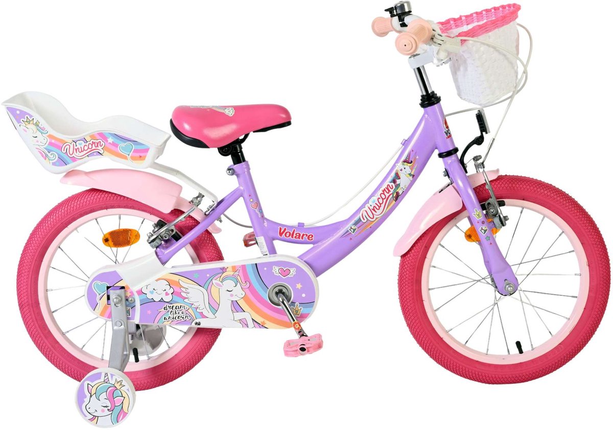 Volare - unicorn kinderfiets - meisjes - 16 inch - paars - twee handremmen
